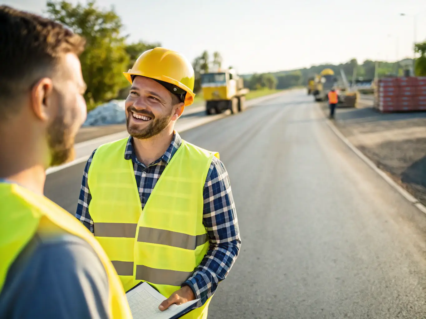 A friendly All The Way Paving team member explaining the paving process to a satisfied customer on a job site.
