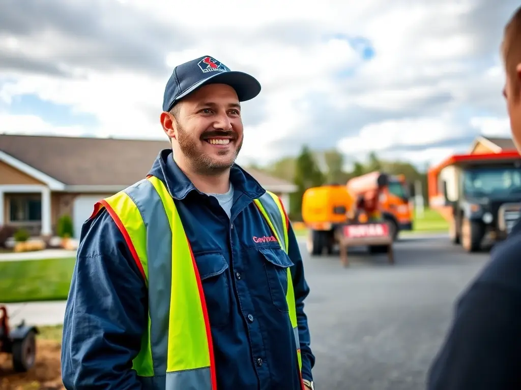 A friendly All The Way Paving team member interacting with a customer on a job site, discussing the project details and addressing their concerns. The image should convey professionalism and customer-centric service.