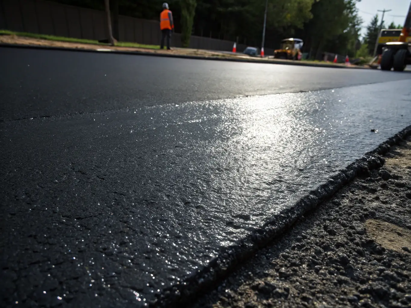 A close-up shot of a perfectly smooth asphalt surface, showcasing the quality and precision of All The Way Paving's work.