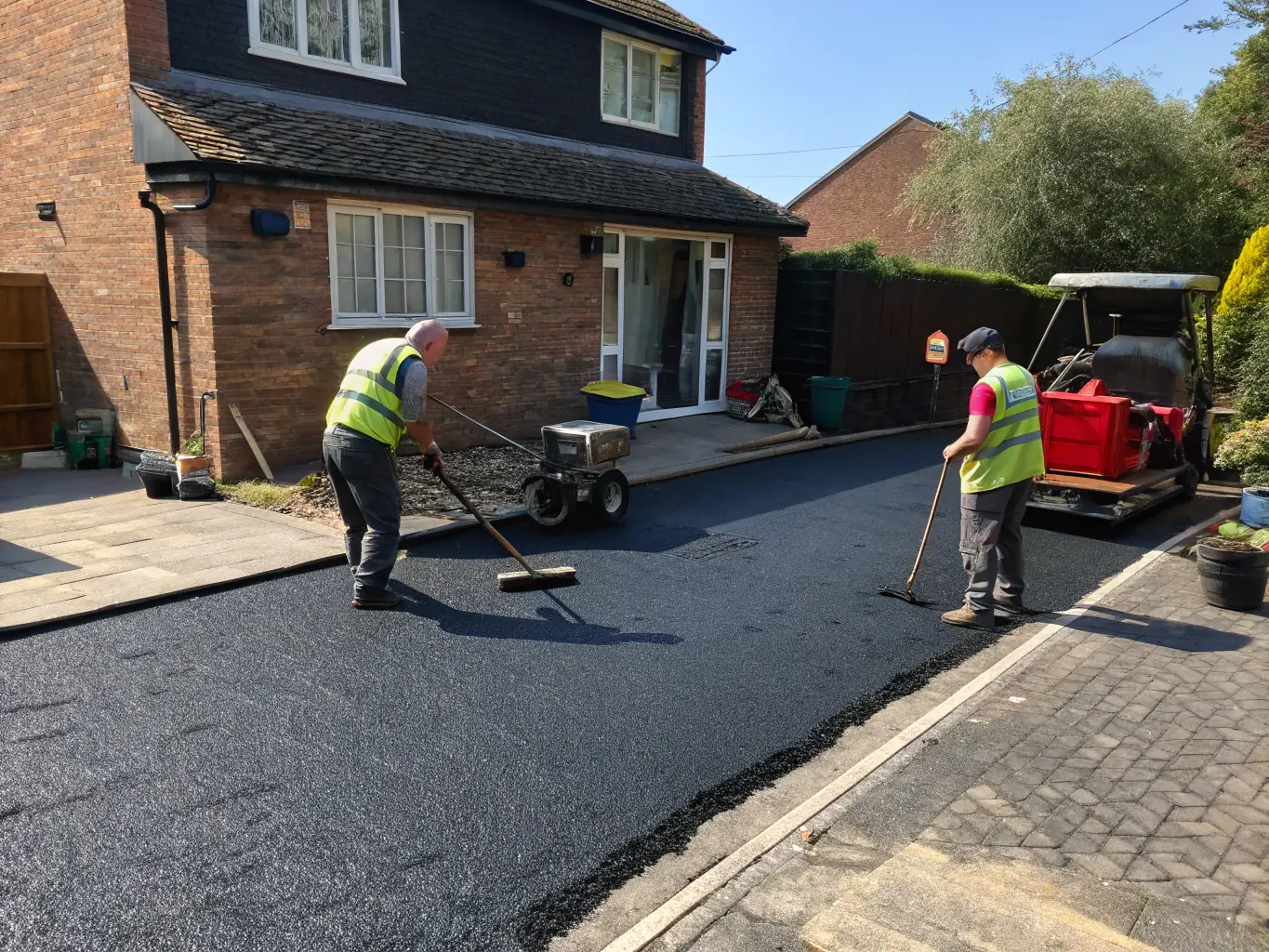 A team of professionals repairing a large pothole on a residential driveway with fresh asphalt.