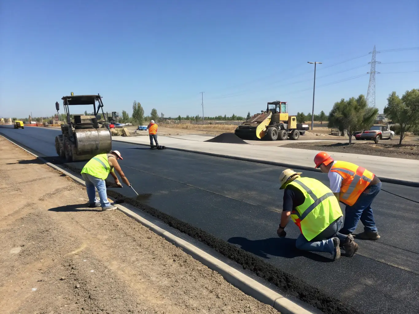 A wide shot of a crew working on a large asphalt road, performing patching and sealing tasks.