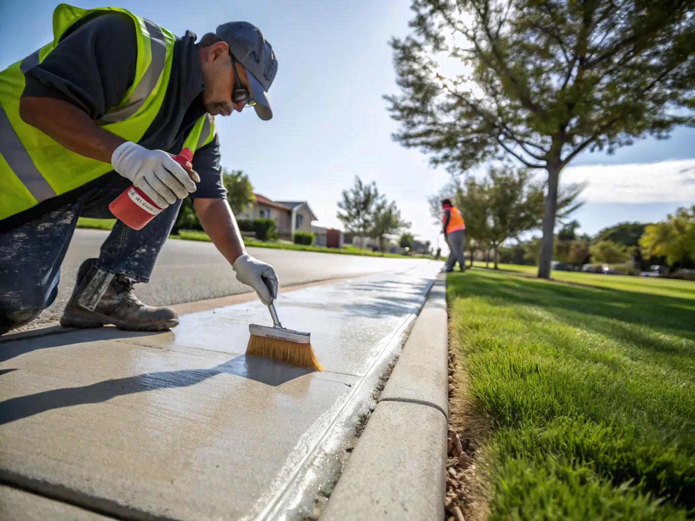 A worker applying black sealant to a freshly paved driveway with a spray machine.