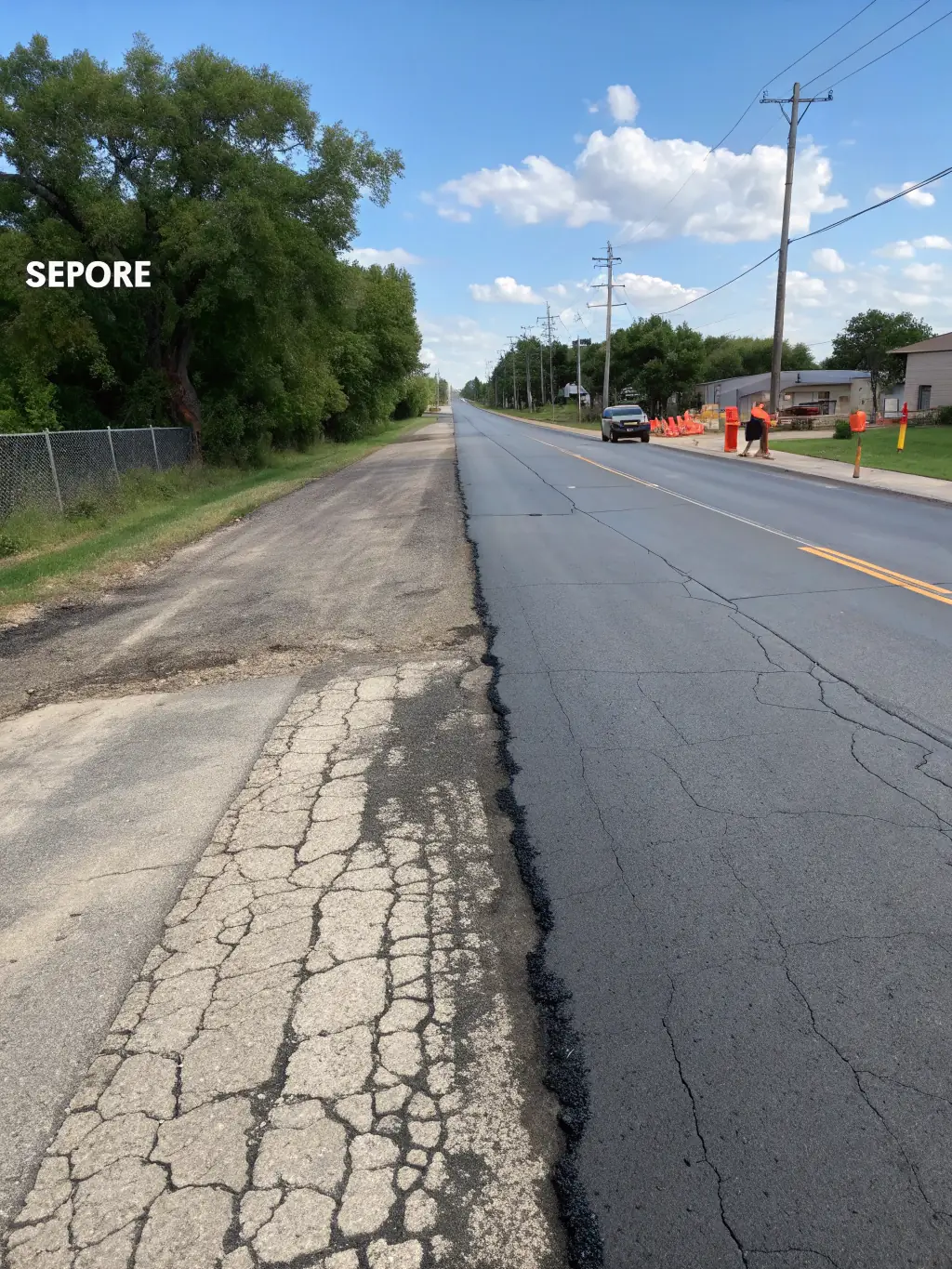 A before-and-after shot of an asphalt surface, with the 'before' side showing cracks and wear, and the 'after' side showing a smooth, newly paved surface, illustrating the transformative impact of comprehensive asphalt services.