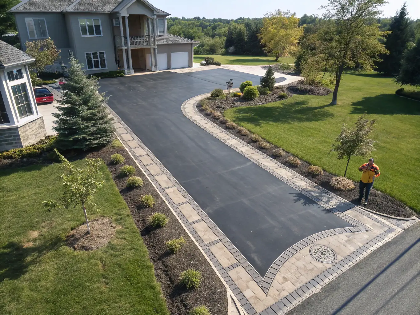 A high-angle shot of a freshly paved asphalt driveway, showcasing a smooth, even surface with clean edges. The image should convey quality and precision in the paving work.