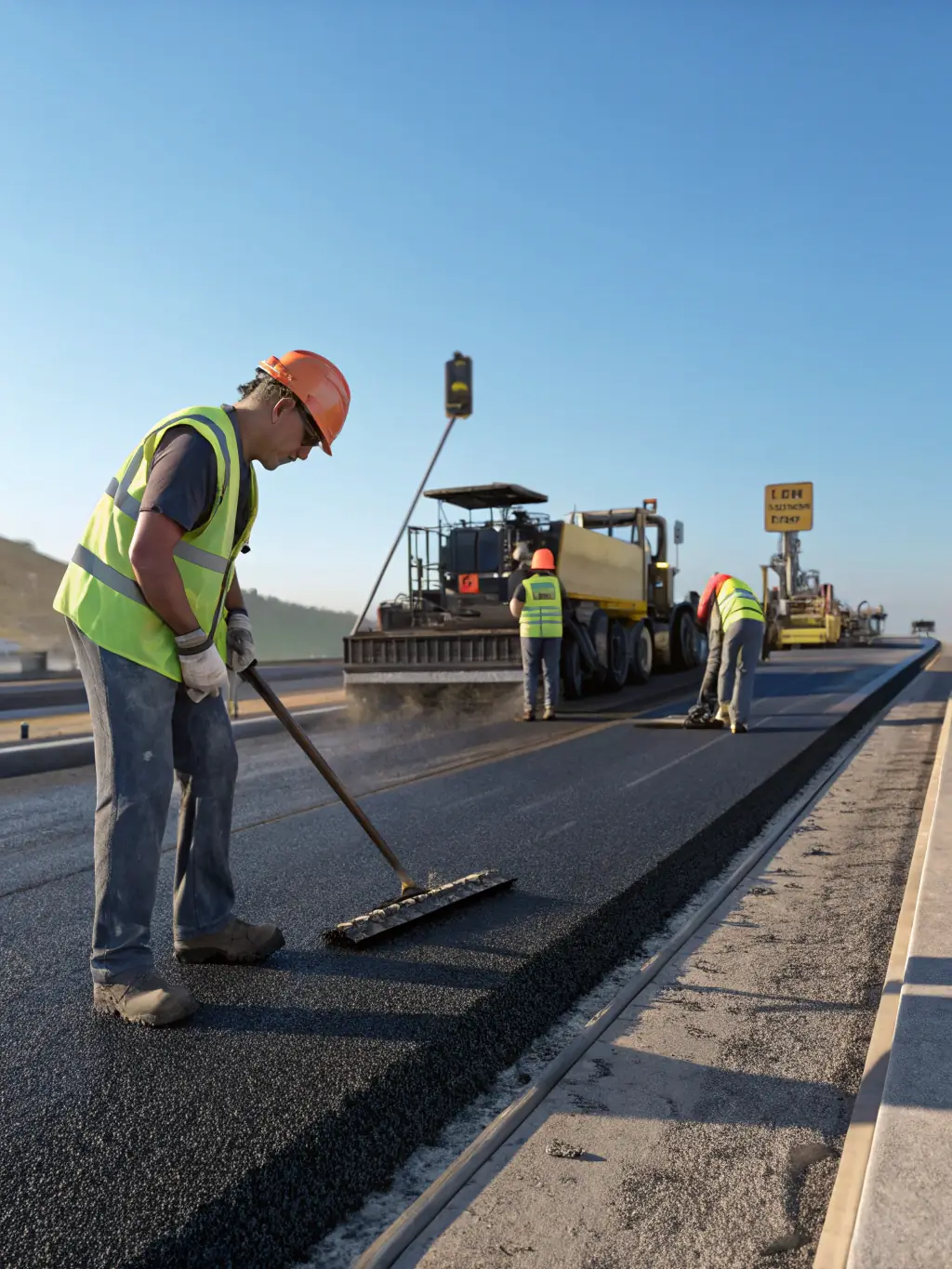 An aerial view of a road maintenance project, showing workers and equipment involved in crack filling and patching on a large roadway, demonstrating the scale and efficiency of road maintenance services.