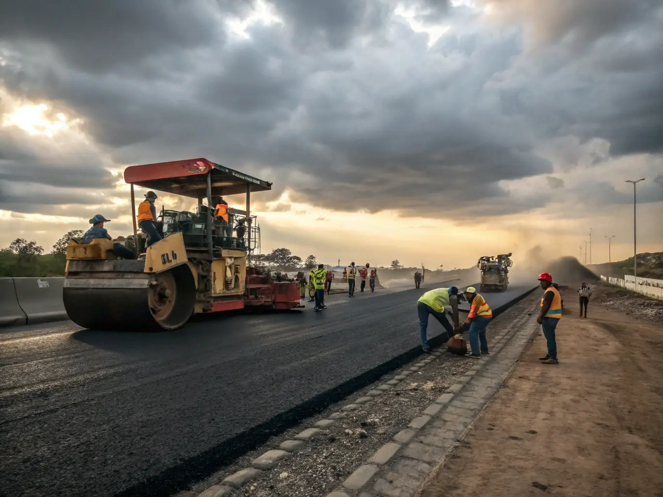 An experienced All The Way Paving crew working on a large-scale road maintenance project, using advanced equipment and techniques. The image should convey expertise and efficiency in handling complex paving tasks.