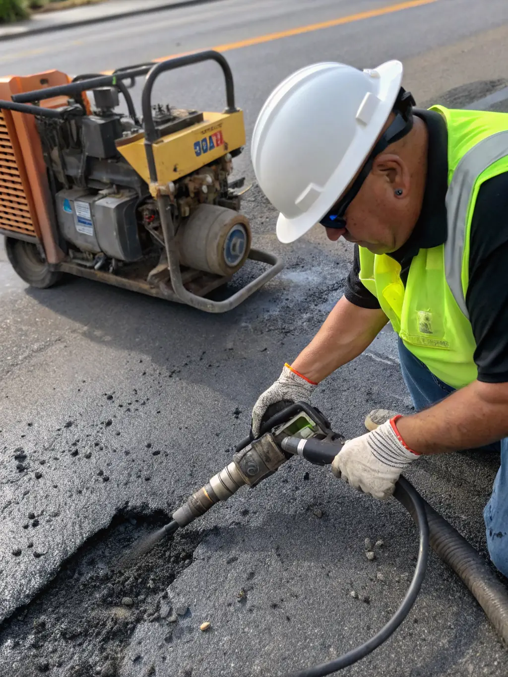 A close-up shot of asphalt repair work in progress, showing a worker filling a pothole with hot asphalt and using tools to smooth the surface, emphasizing the precision and care taken in asphalt repair.